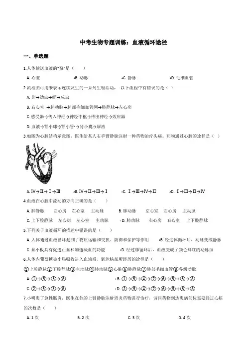 2018年中考生物复习专题训练：血液循环途径(含解析)