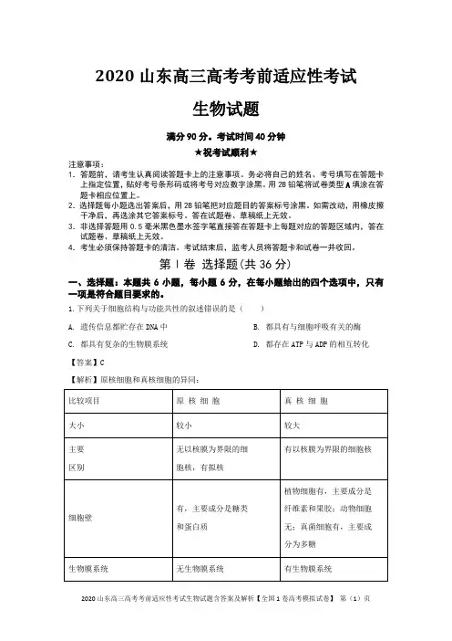 2020山东高三高考考前适应性考试生物试题含答案及解析【全国1卷高考模拟试卷】