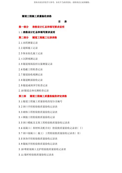 隧道工程施工质量验收表格样本