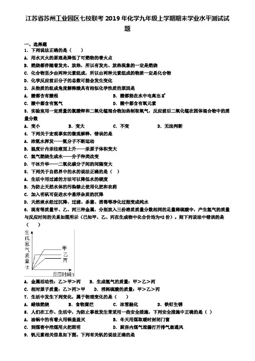 江苏省苏州工业园区七校联考2019年化学九年级上学期期末学业水平测试试题