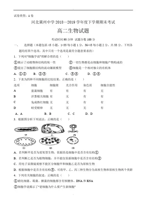 河北省衡水市2018-2019学年高二下学期期末考试生物试题a卷_word版有答案