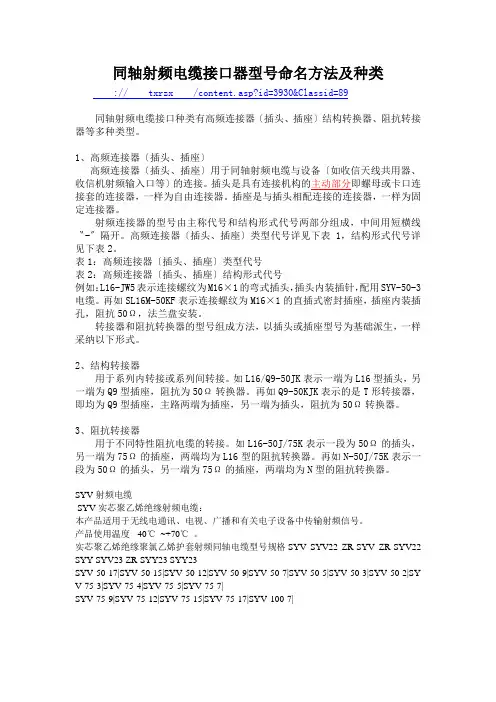 同轴射频电缆接口器型号命名方法及种类