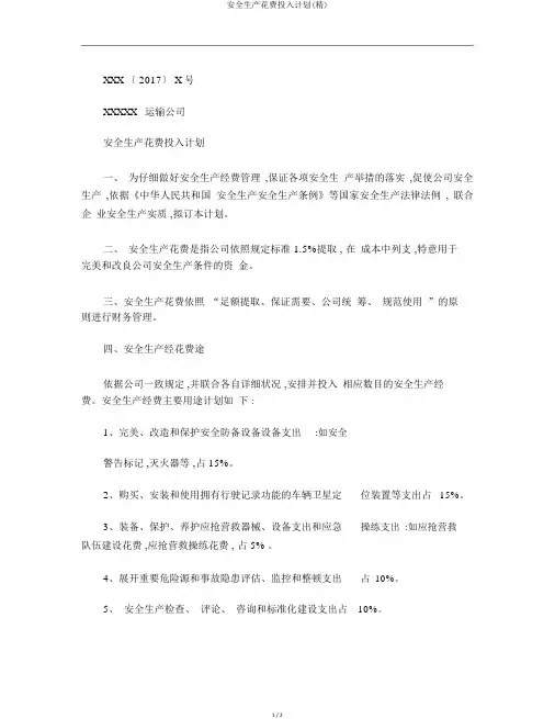 安全生产费用投入计划(精)