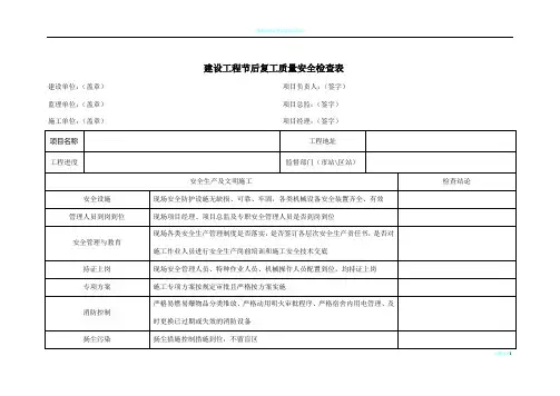 建设工程节后复工质量安全检查表