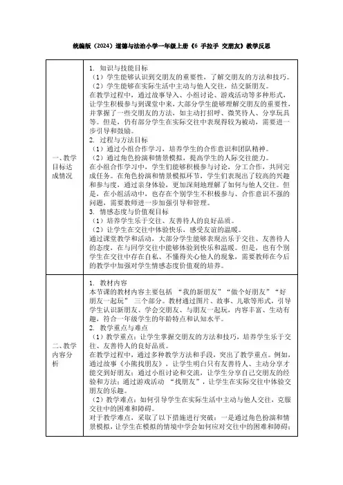 统编版(2024)道德与法治小学一年级上册《6 手拉手 交朋友》教学反思
