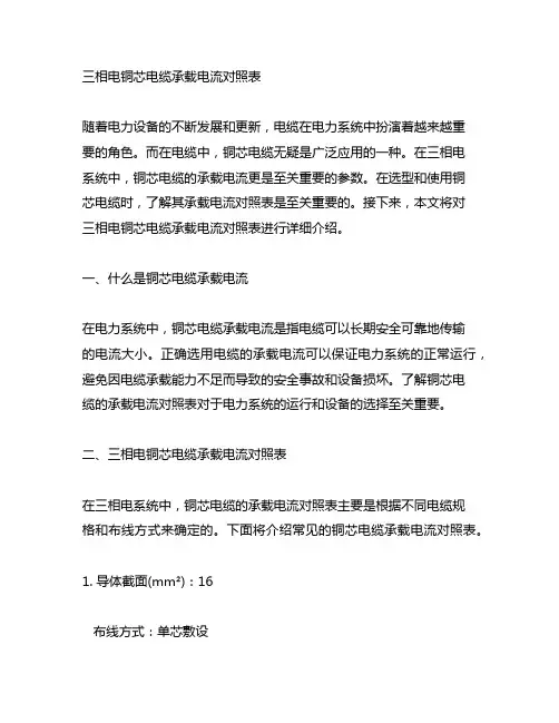 三相电铜芯电缆承载电流对照表