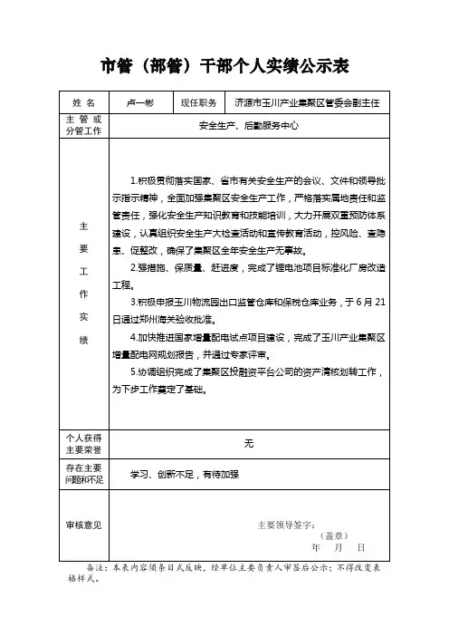 管部管干部个人实绩公示表