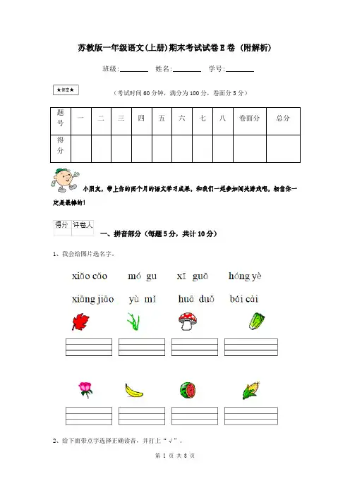 苏教版一年级语文(上册)期末考试试卷E卷 (附解析)