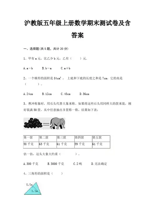 沪教版五年级上册数学期末测试卷及含答案(历年真题)