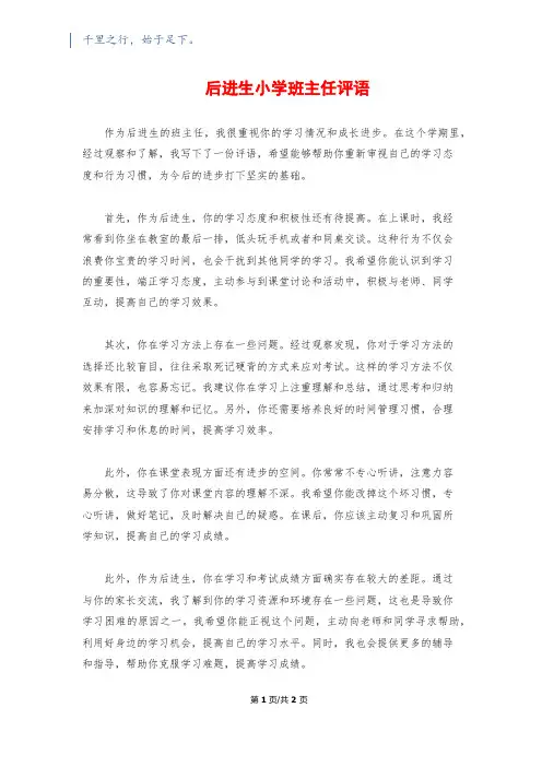后进生小学班主任评语