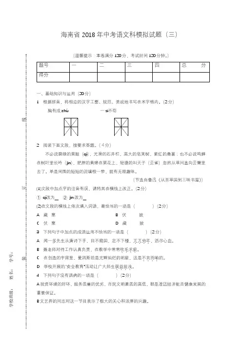 2020—2021年海南省中考语文仿真模拟试题及答案解析(三).docx