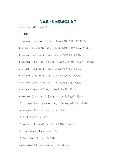 六年级下册英语单词和句子