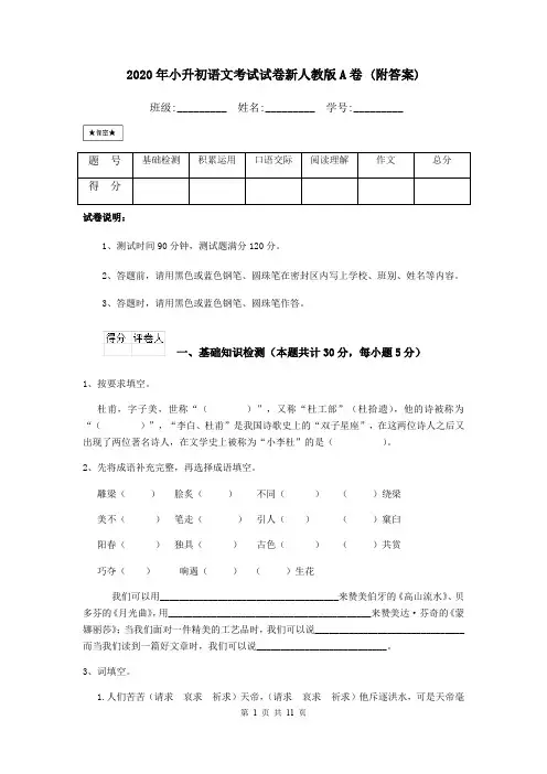 2020年小升初语文考试试卷新人教版A卷 (附答案)