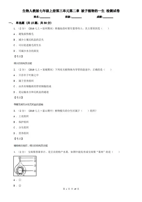 生物人教版七年级上册第三单元第二章 被子植物的一生 检测试卷