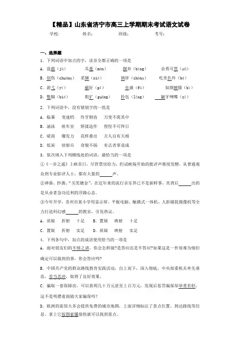 山东省济宁市高三上学期期末考试语文试卷