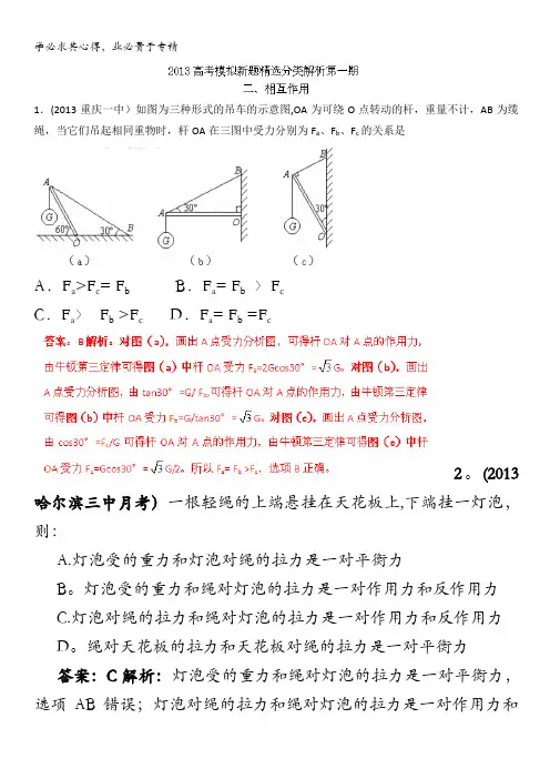 2013年高考物理模拟新题精选分类解析 第1期 专题02 相互作用含答案