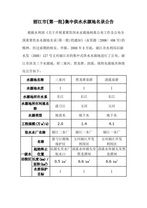 丽江市(第一批)集中供水水源地名录公告.