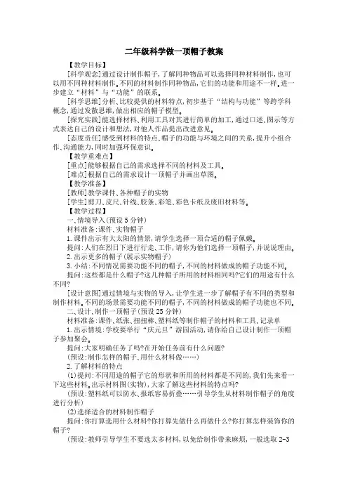 二年级科学做一顶帽子教案