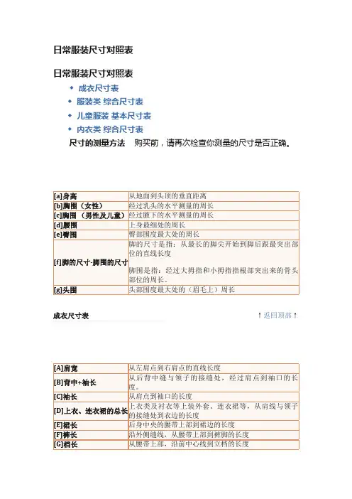 日常服装尺寸对照表