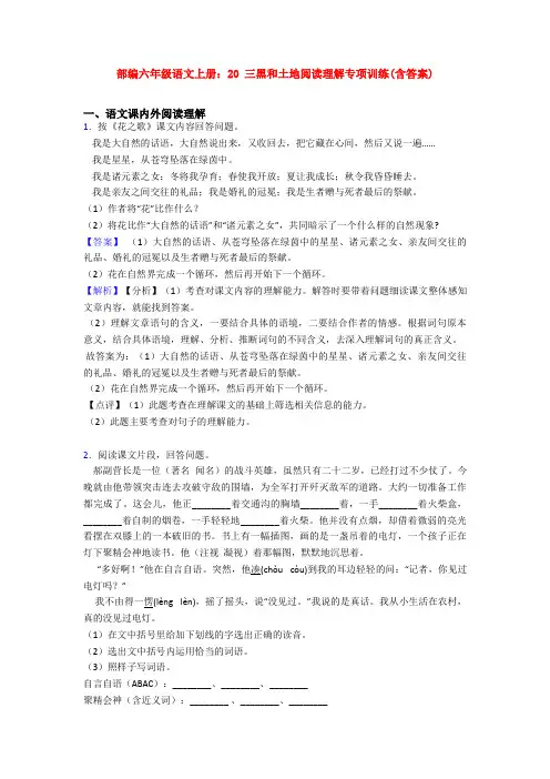 部编六年级语文上册：20 三黑和土地阅读理解专项训练(含答案)