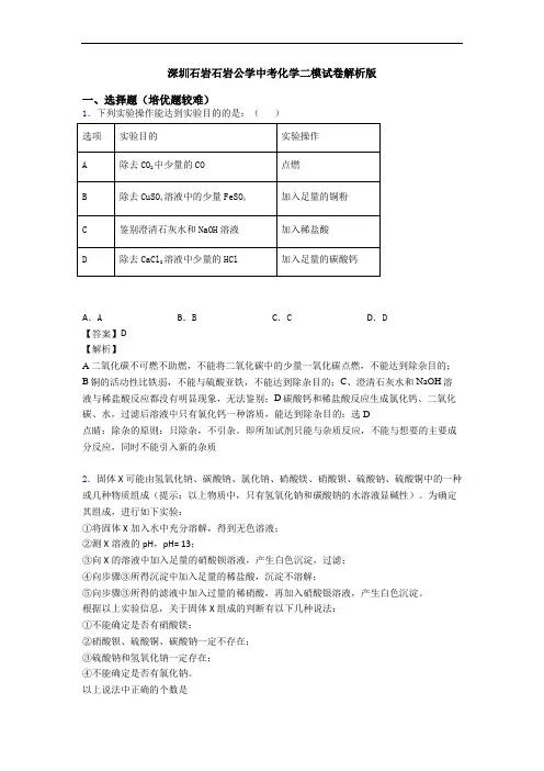 深圳石岩石岩公学中考化学二模试卷解析版