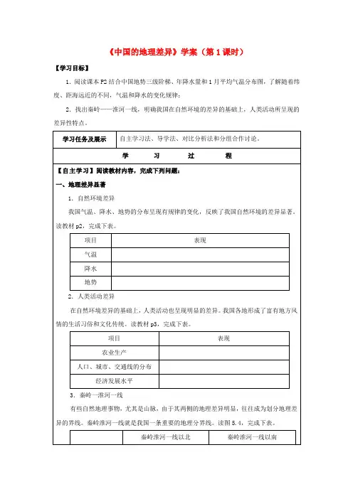 八年级地理下册 第五章 中国的地理差异(第1课时)学案(无答案)(新版)新人教版