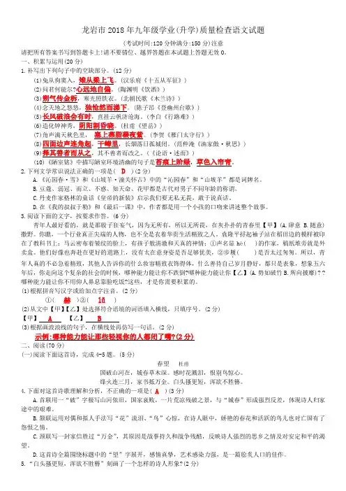 福建省龙岩市2018年九年级学业(升学)质量检查语文试题(教师版)
