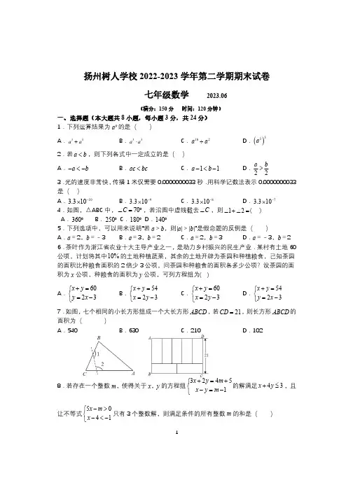 扬州树人学校2022-2023 学年第二学期期末试卷七年级数学(后附参考答案)