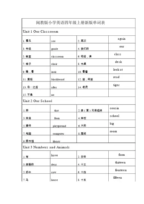 闽教版小学英语四年级上册新版单词表
