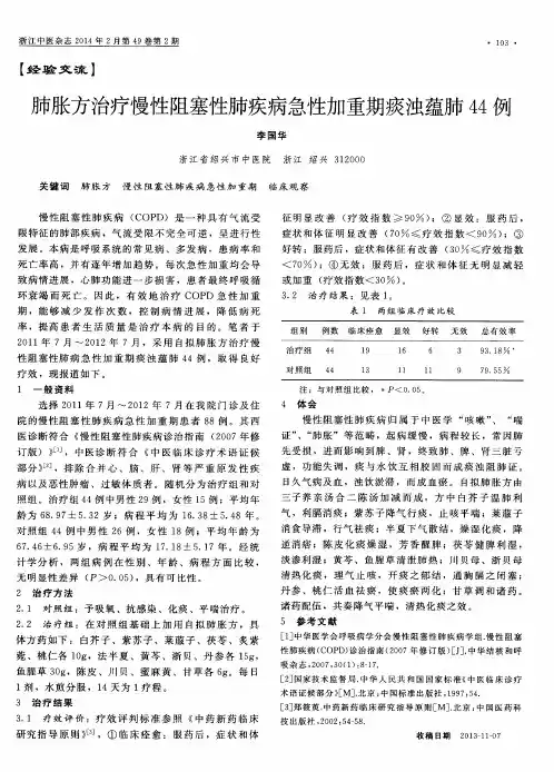 肺胀方治疗慢性阻塞性肺疾病急性加重期痰浊蕴肺44例