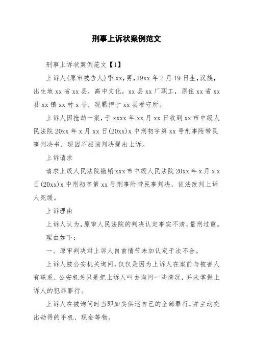 刑事上诉状案例范文