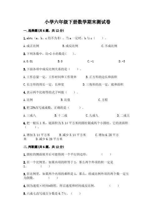 小学六年级下册数学期末测试卷及参考答案【b卷】