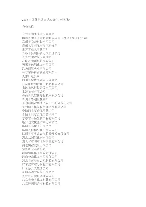 2009中国化肥企业竞争力100强排行榜