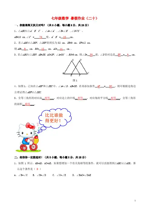 七年级数学 暑假作业(二十) 北师大版 