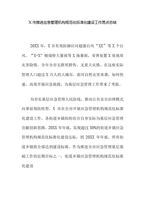 X市推进应急管理机构规范化标准化建设工作亮点总结