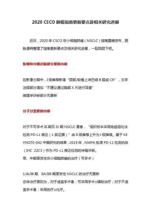 2020 CSCO肺癌指南更新要点及相关研究进展