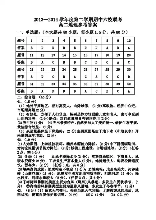 2014高二联考地理参考答案