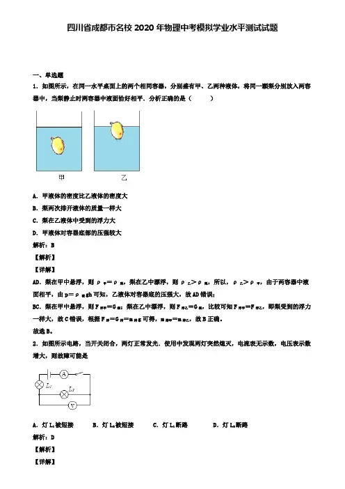 四川省成都市名校2020年物理中考模拟测试试题(含答案有解析)