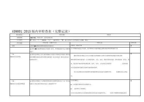 ISO9001-2015内审检查表(含检查记录)