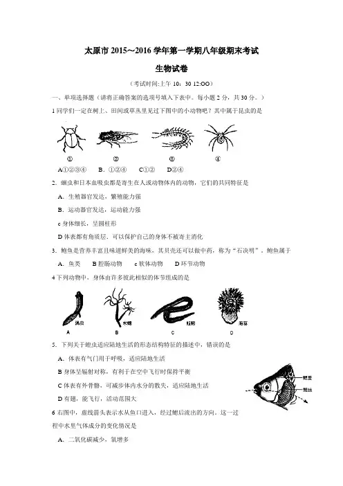 山西省太原市15—16学年上学期八年级期末考试生物试题(附答案)