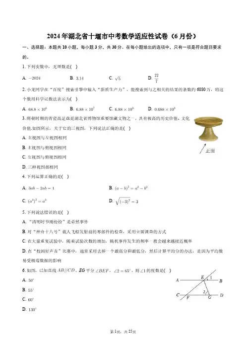 2024年湖北省十堰市中考数学适应性试卷(6月份)+答案解析