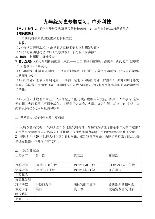 九年级历史专题复习：中外科技