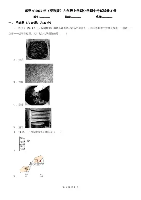 东莞市2020年(春秋版)九年级上学期化学期中考试试卷A卷