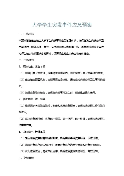 大学学生突发事件应急预案