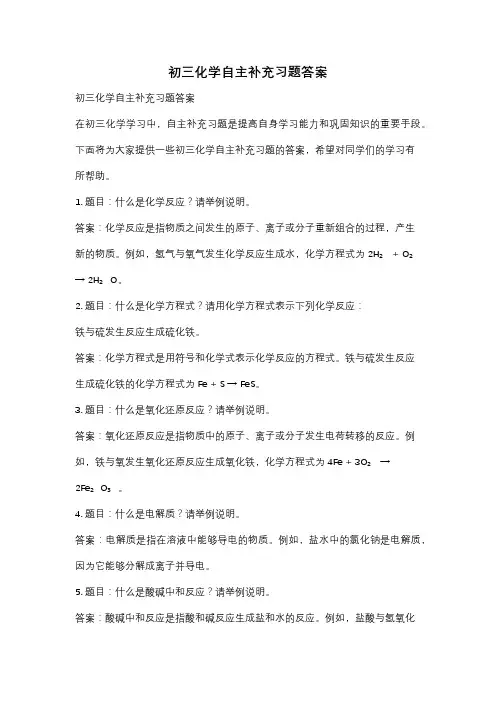 初三化学自主补充习题答案