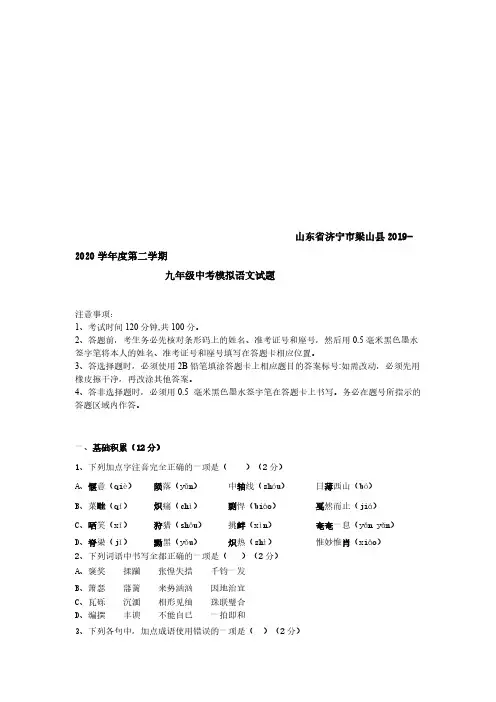 山东省济宁市梁山县2019-2020学年度第二学期九年级中考模拟语文试题四(含答案)