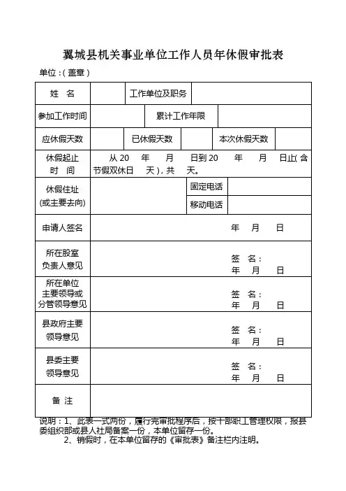 机关事业单位工作人员年休假审批表