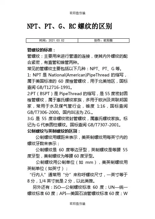 NPT、PT、G、RC螺纹的区别之欧阳数创编
