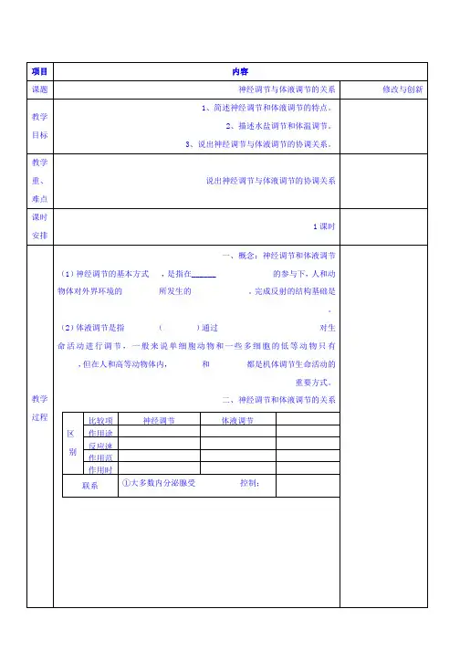 高中生物人教必修三教案：2.3神经调节和体液调节的关系