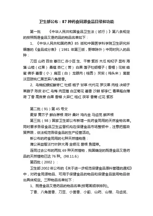 卫生部公布：87种药食同源食品目录和功能